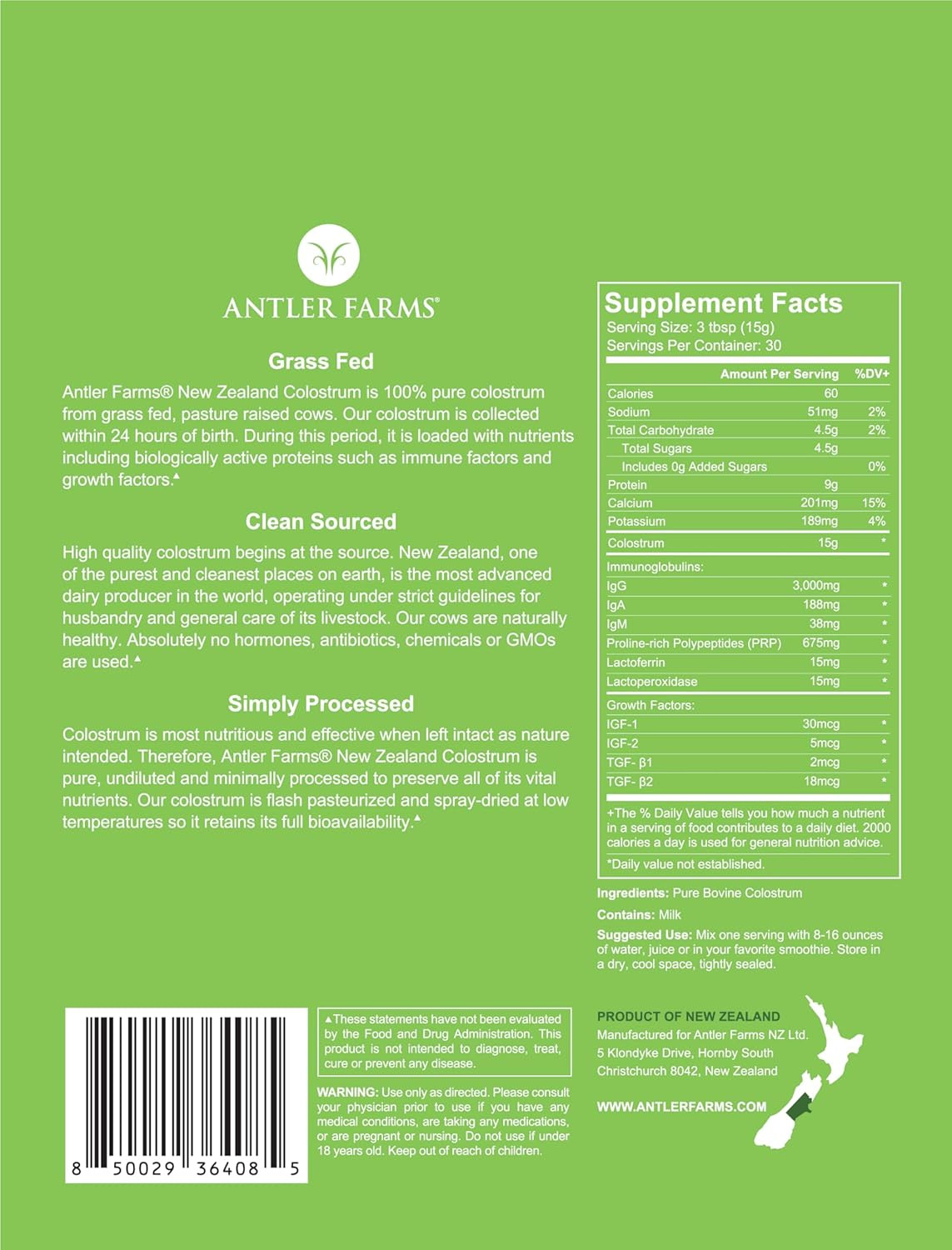 100% Pure New Zealand Colostrum, 30 Servings, 1 Lb – Grass Fed, Pasture Raised,