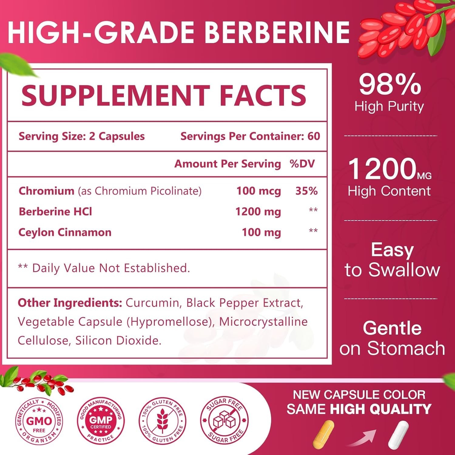 Berberine Hcl 1200Mg, Berberine Supplement with Ceylon Cinnamon, Chromium – Supp