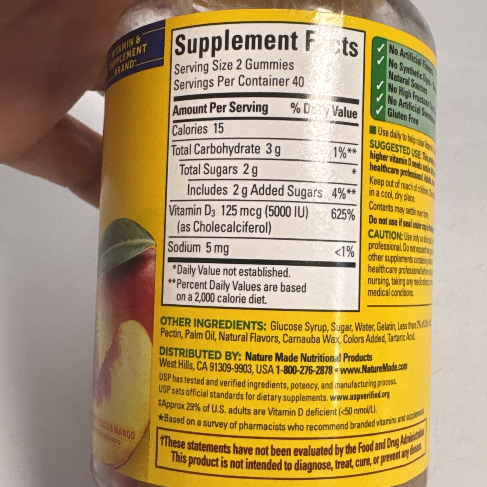Nature Made Extra Strength D3 Gummies Strawberry Peach & Mango 5000 IU 02/2027