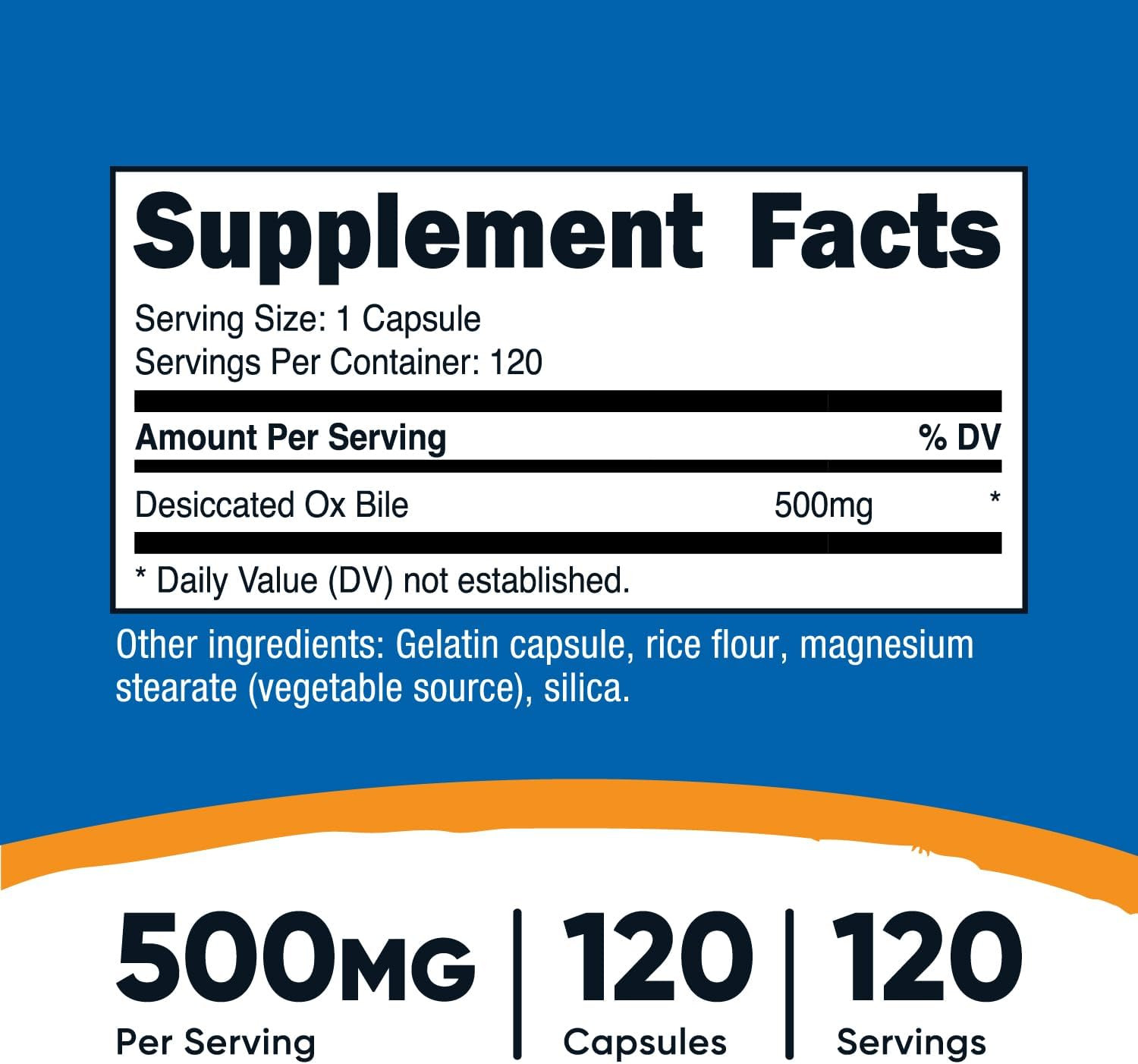 Ox Bile Capsules 500mg Per Serving – 120 Capsules – Gluten Free & Non-GMO