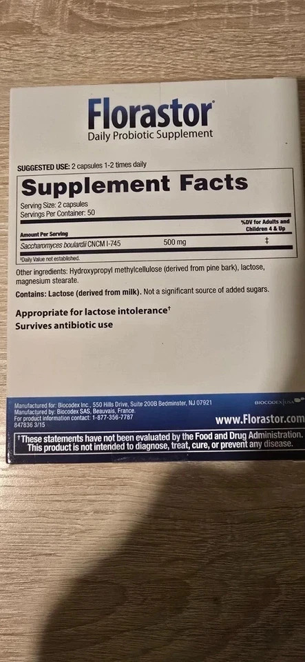 Florastor Probiotic 250mg Daily Probiotic Dietary Supplement 100 count