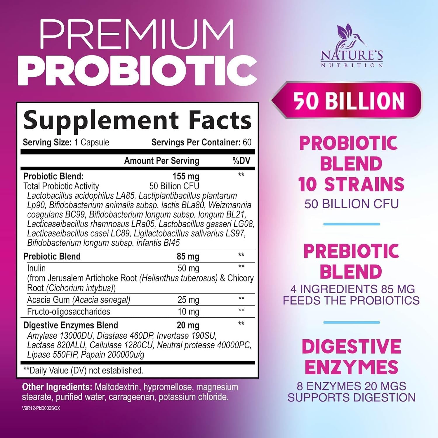 Probiotics 60 Billion CFU per Serving, 10 Strains + Prebiotics, Digestive Health