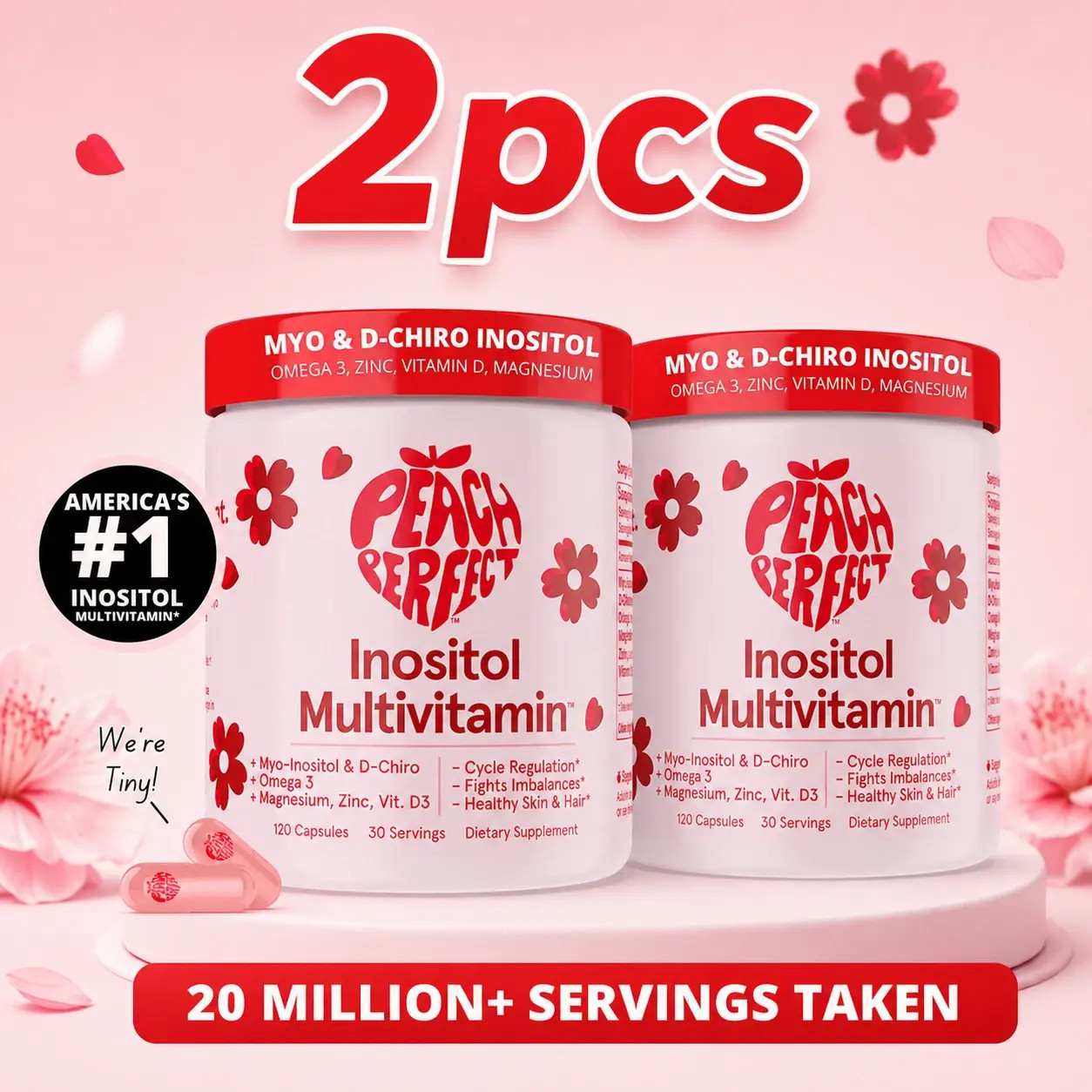 2 BOTTLES-Peach Perfect Inositol Multivitamin Myo&D-Chiro 40:1 Blend with Omega3