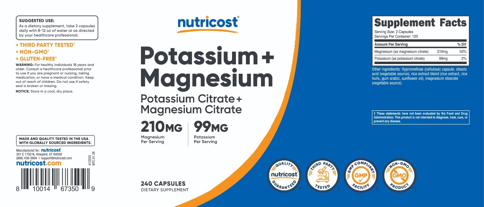 Nutricost Potassium (99 mg) Magnesium (210 mg) Citrates, 240 Capsules