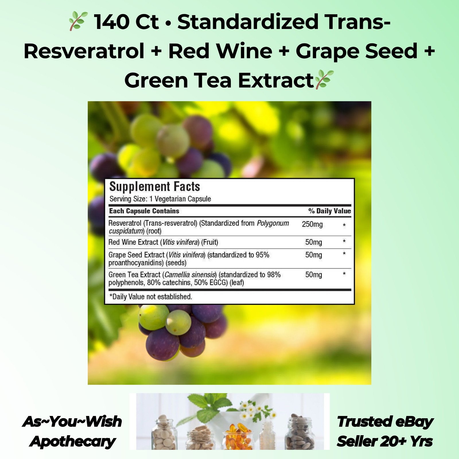TruNature Resveratrol Plus 140 Ct. Standardized Trans-Resveratrol 250mg Exp 8/26