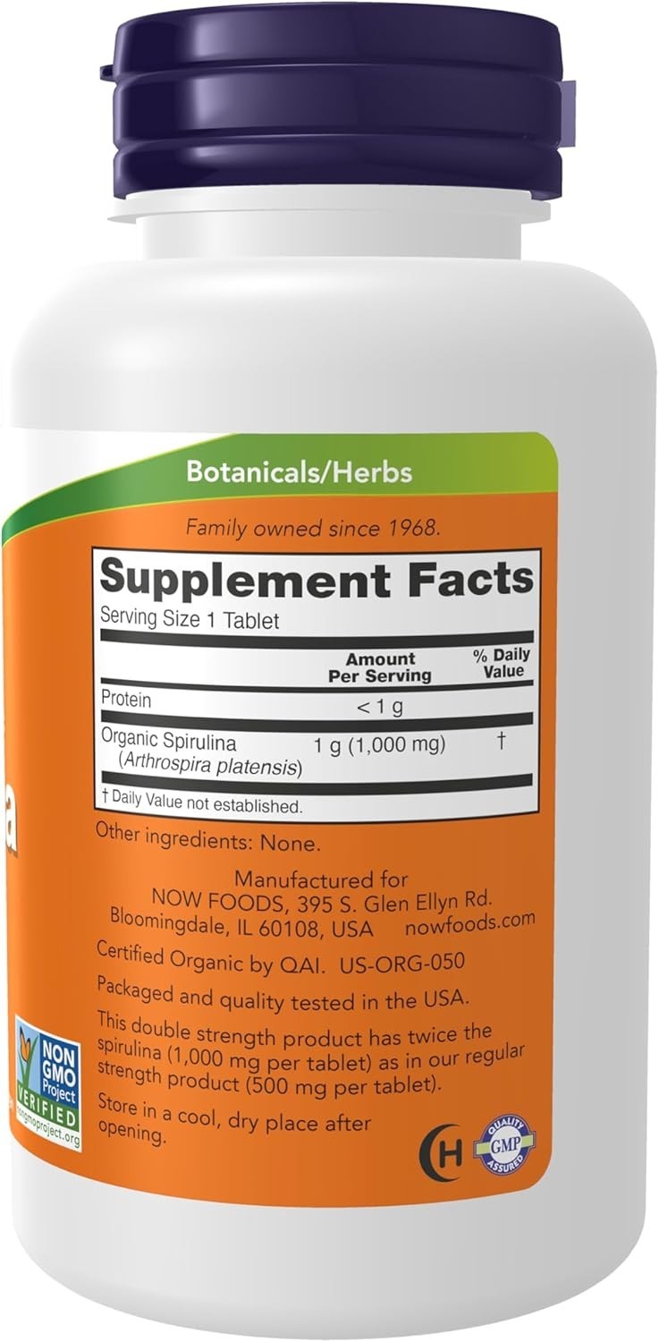 NOW Foods Supplements, Certified Organic, Spirulina 1000 mg (Double Strength), R