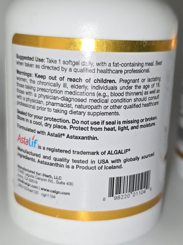 2 Pack California Gold Nutrition Astaxanthin AstaLif 12mg 120 Ct Ea Exp 01/27
