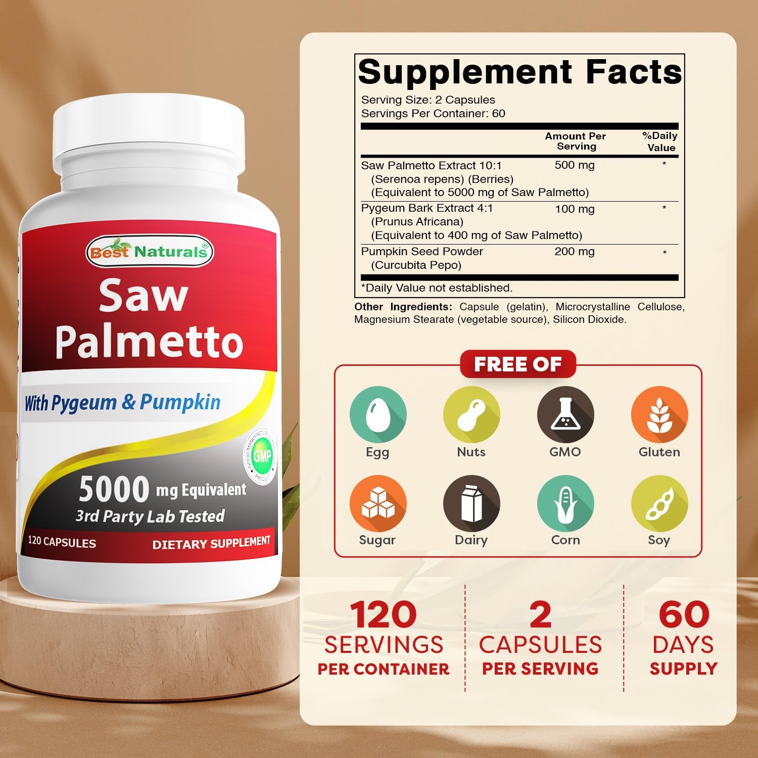 Saw Palmetto 10:1 Extract Prostate Supplements for Men – 120 Capsules