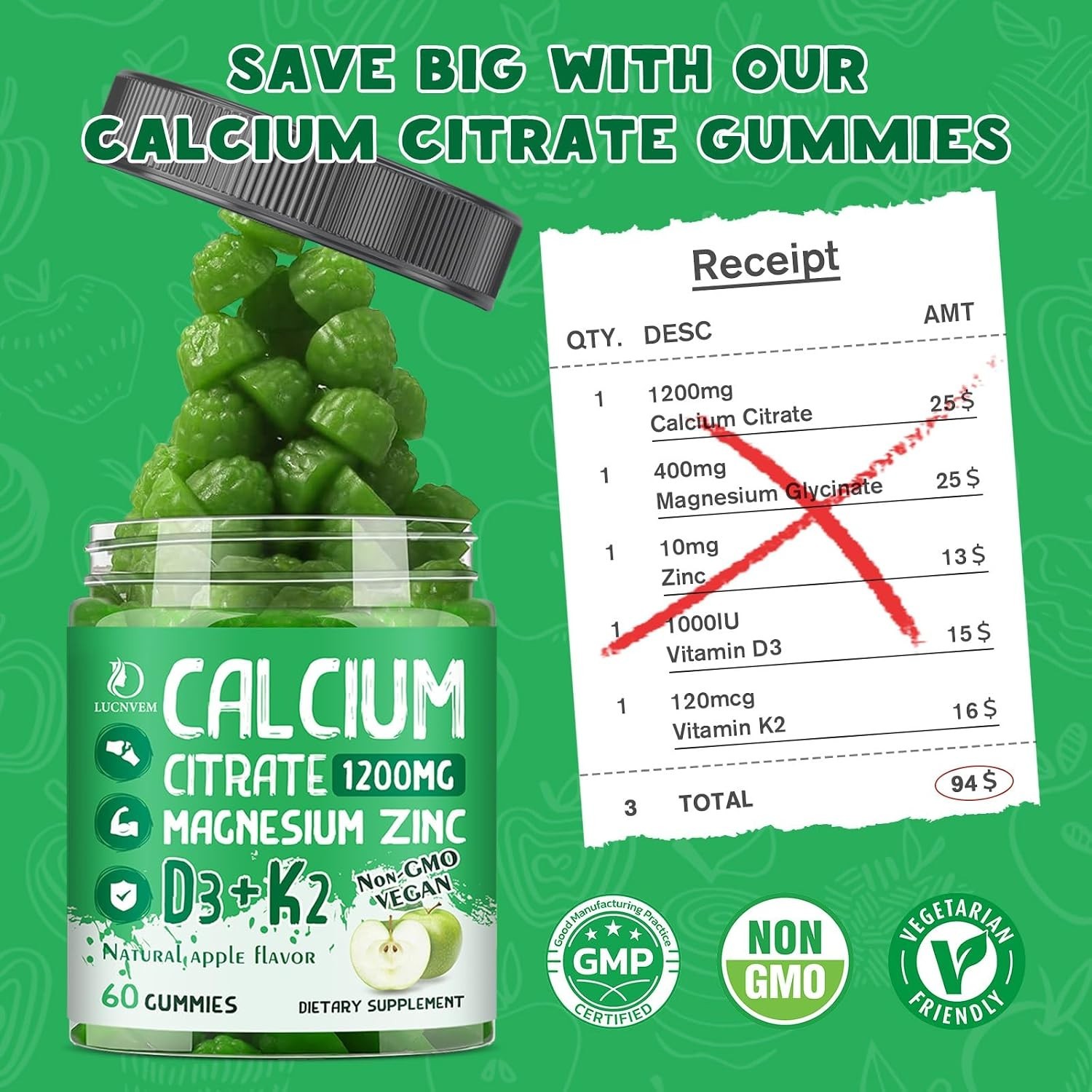 Calcium Citrate 1200 mg with Vitamin D3 Gummies, Calcium Citrate Magnesium Zi…