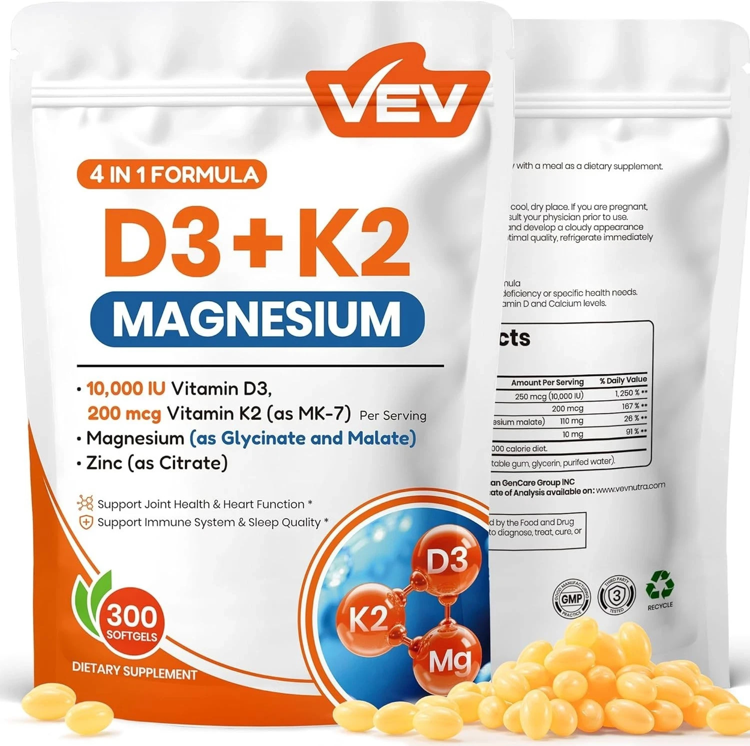 VEV Vitamin D3 K2 Magnesium 10000 IU Softgels Zinc Bone Muscle Energy 300ct