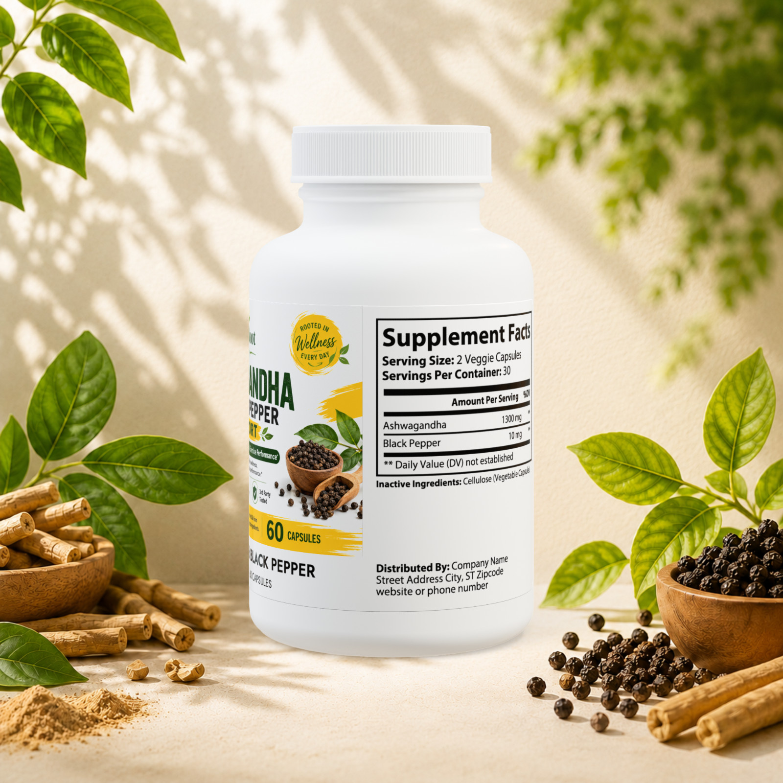 Ashwagandha Black Pepper Supplement 60 Capsules Stress Support Vegan Non-GMO