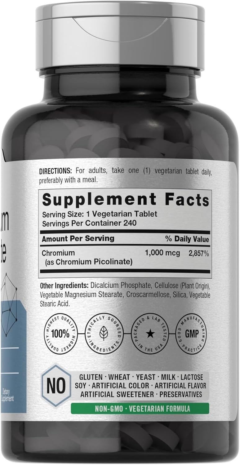 Picolinato de Cromo 1000mcg Apoya Niveles Saludables de Azucar en la Sangre240ct