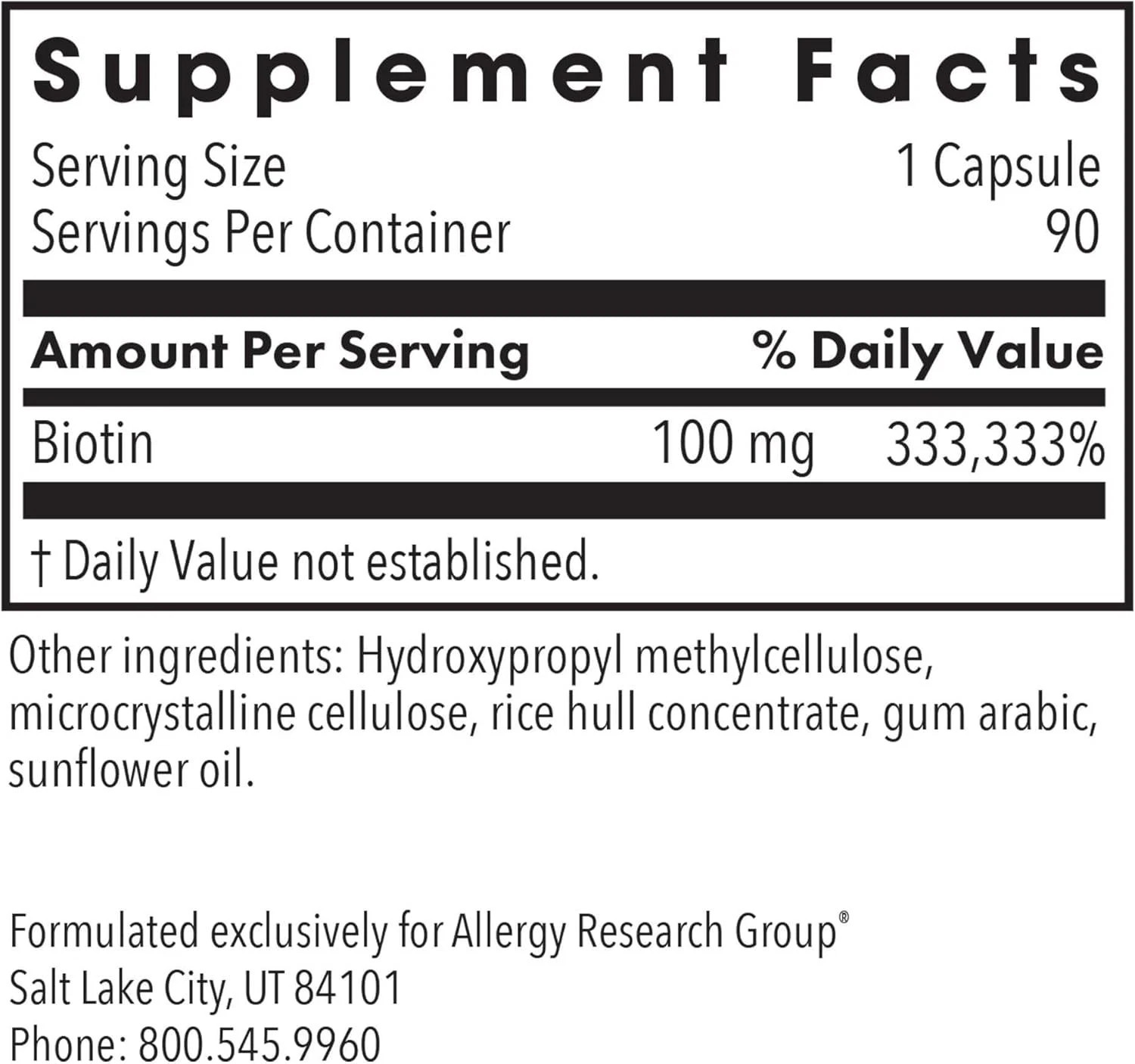 Allergy Research Group HiBiotin Very High Dose 100mg 90 Ct Exp 03/28