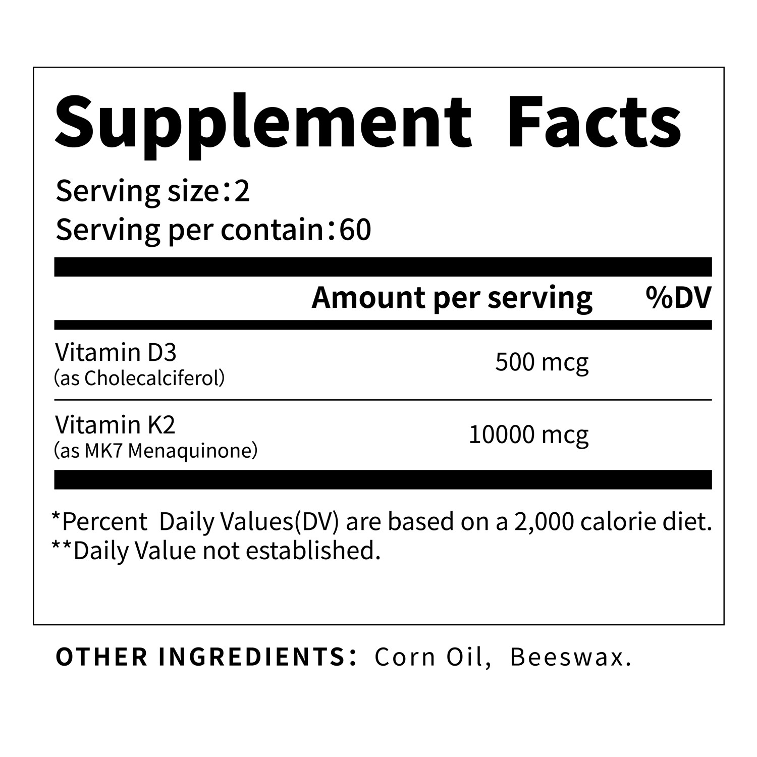 Vitamin D3 500 mcg + K2 10000mcg 120 Capsules Extra Strength D3 K2 02/07/2027