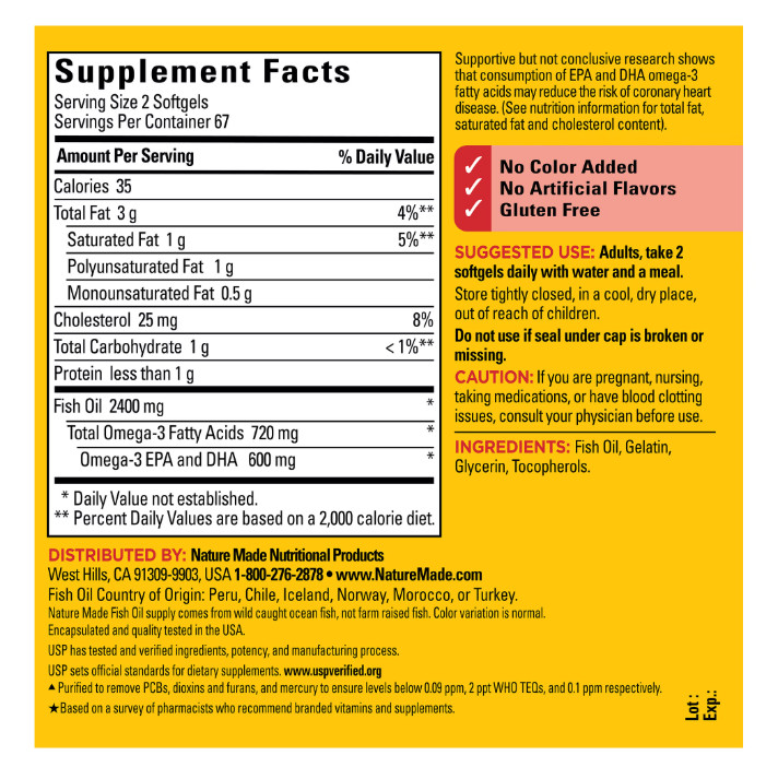 Nature Made Fish Oil 2400mg Per Serving Softgels, Omega 3 Fish Oil