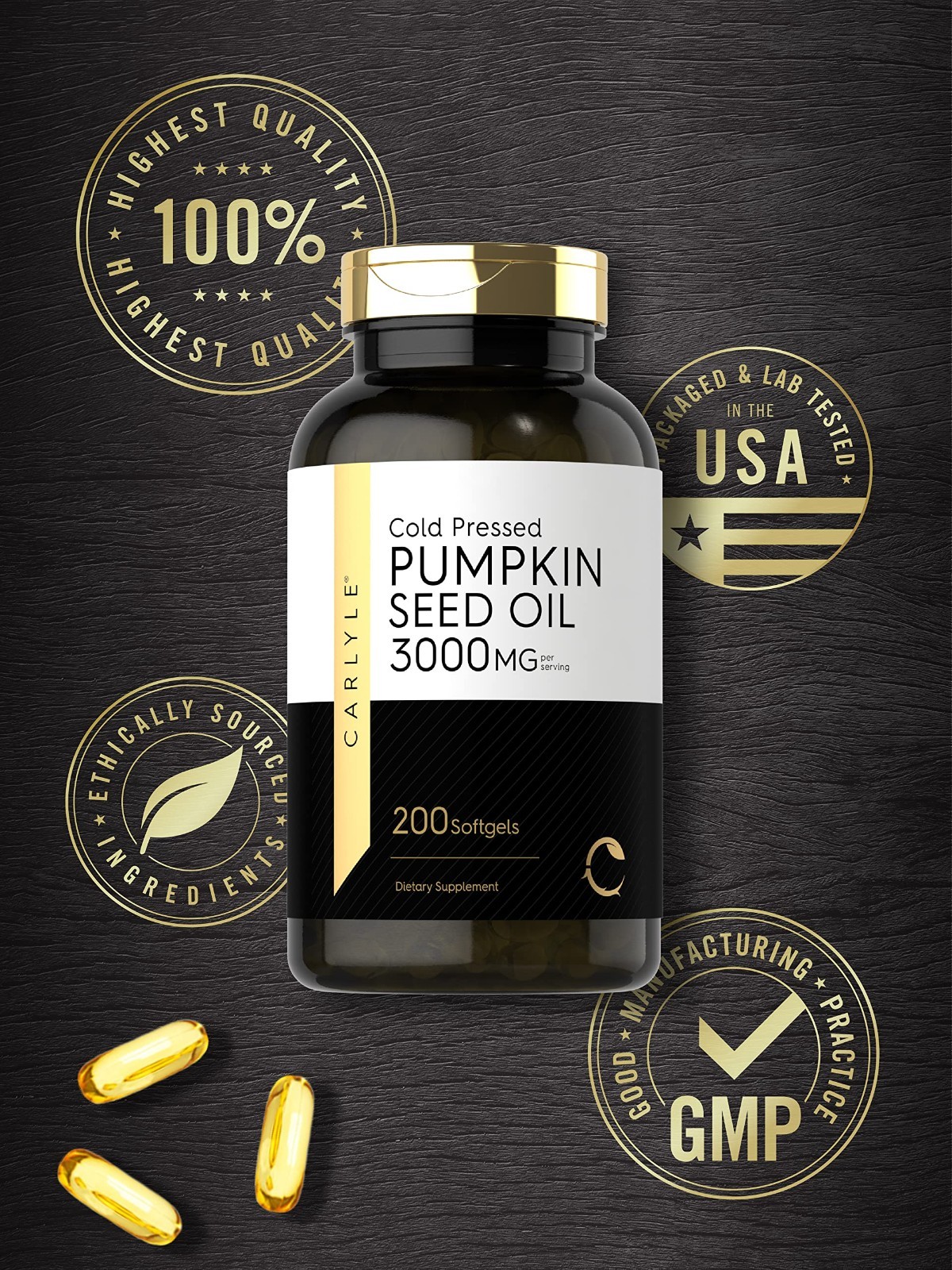Pumpkin Seed Oil 3000mg Softgels | 200 Count | Cold Pressed, Non-GMO, Gluten Fre
