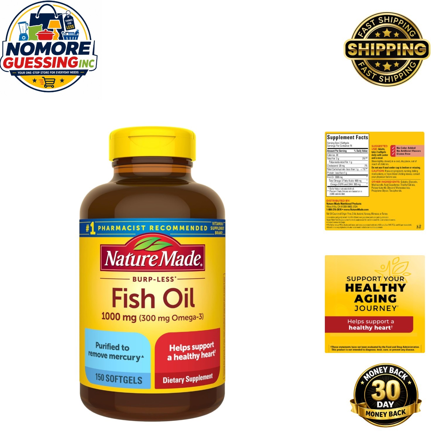 Heart Wellness Omega 3 Fish Oil Softgels – 1000mg, 150 Count Daily Support