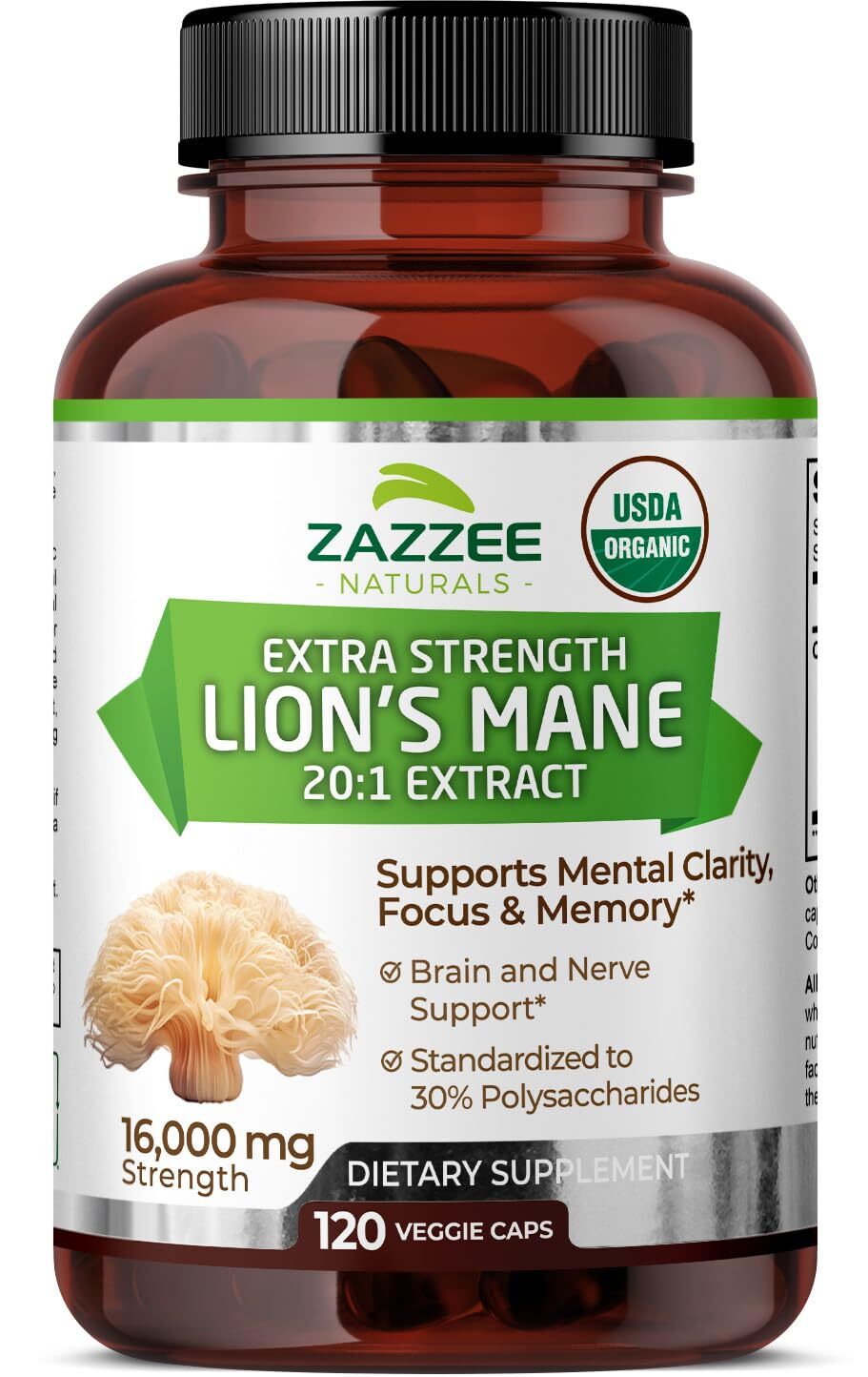 USDA Organic Lion’s Mane 20:1 Extract, 16,000 mg Strength, 120 Vegan Capsules