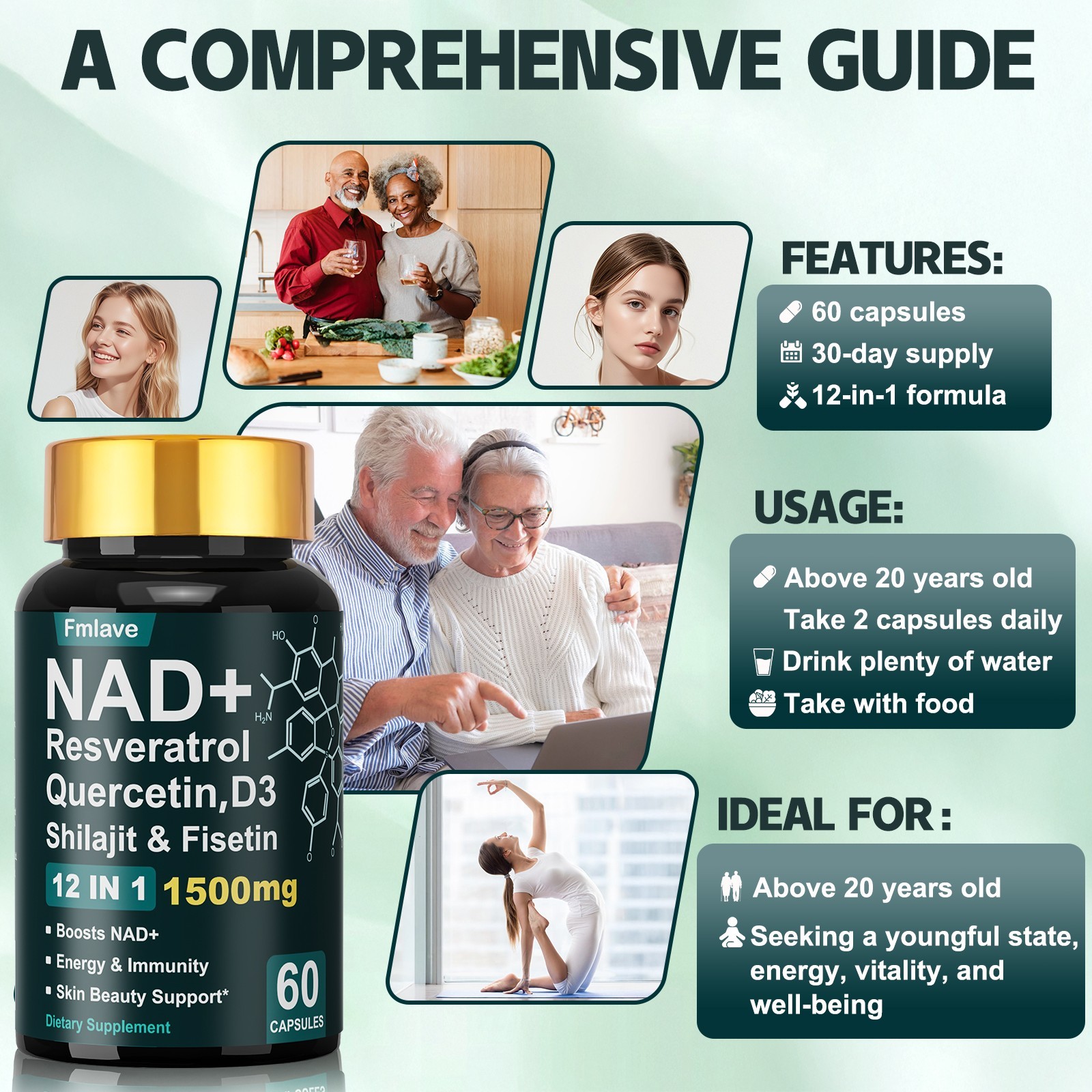 NAD+ Supplement for Anti-Aging Energy Focus & Nicotinamide Riboside Resveratrol