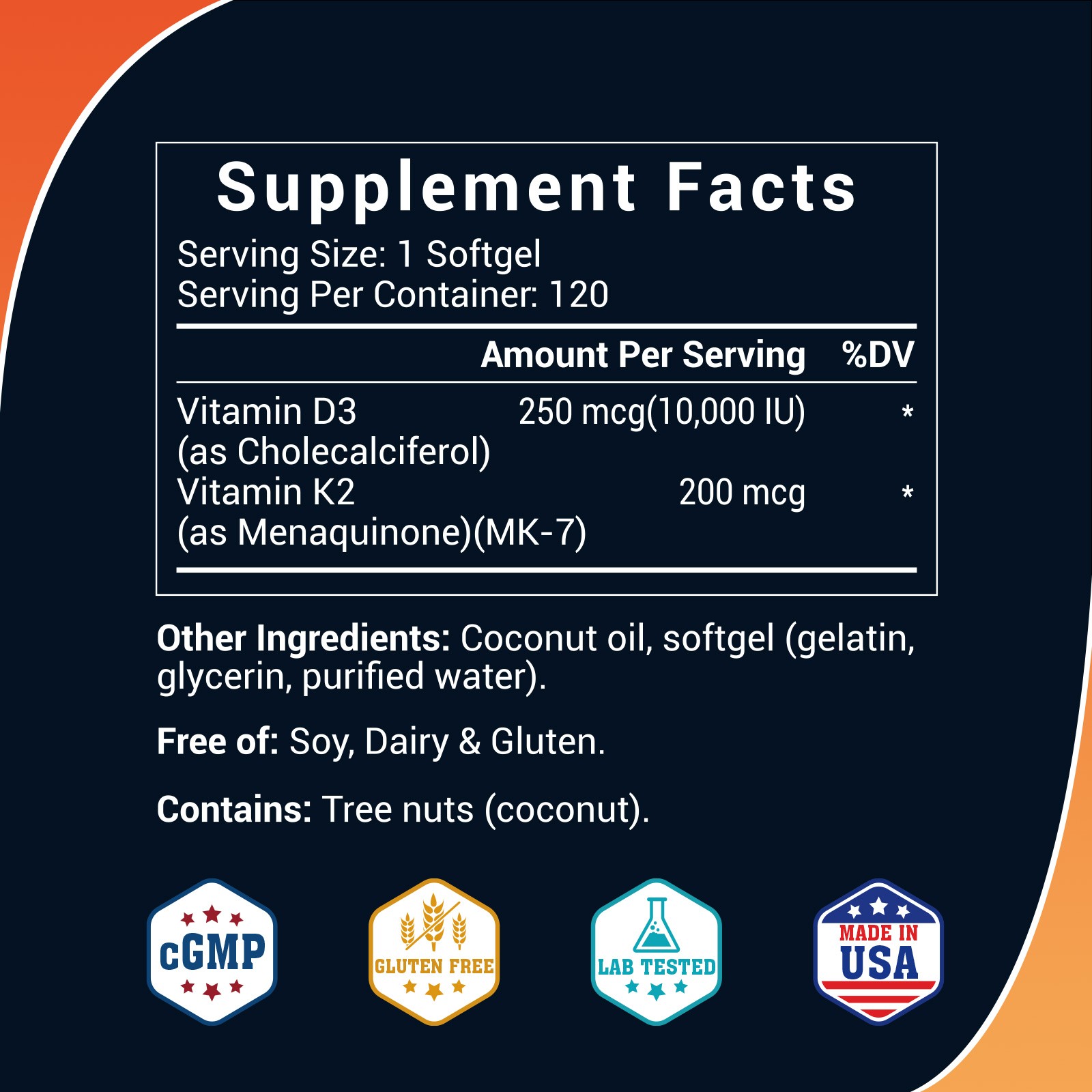 Vitamin D3 K2 10000 iu with Coconut Oil, VIT d3 and k2 Supplements, 120 Gel Caps