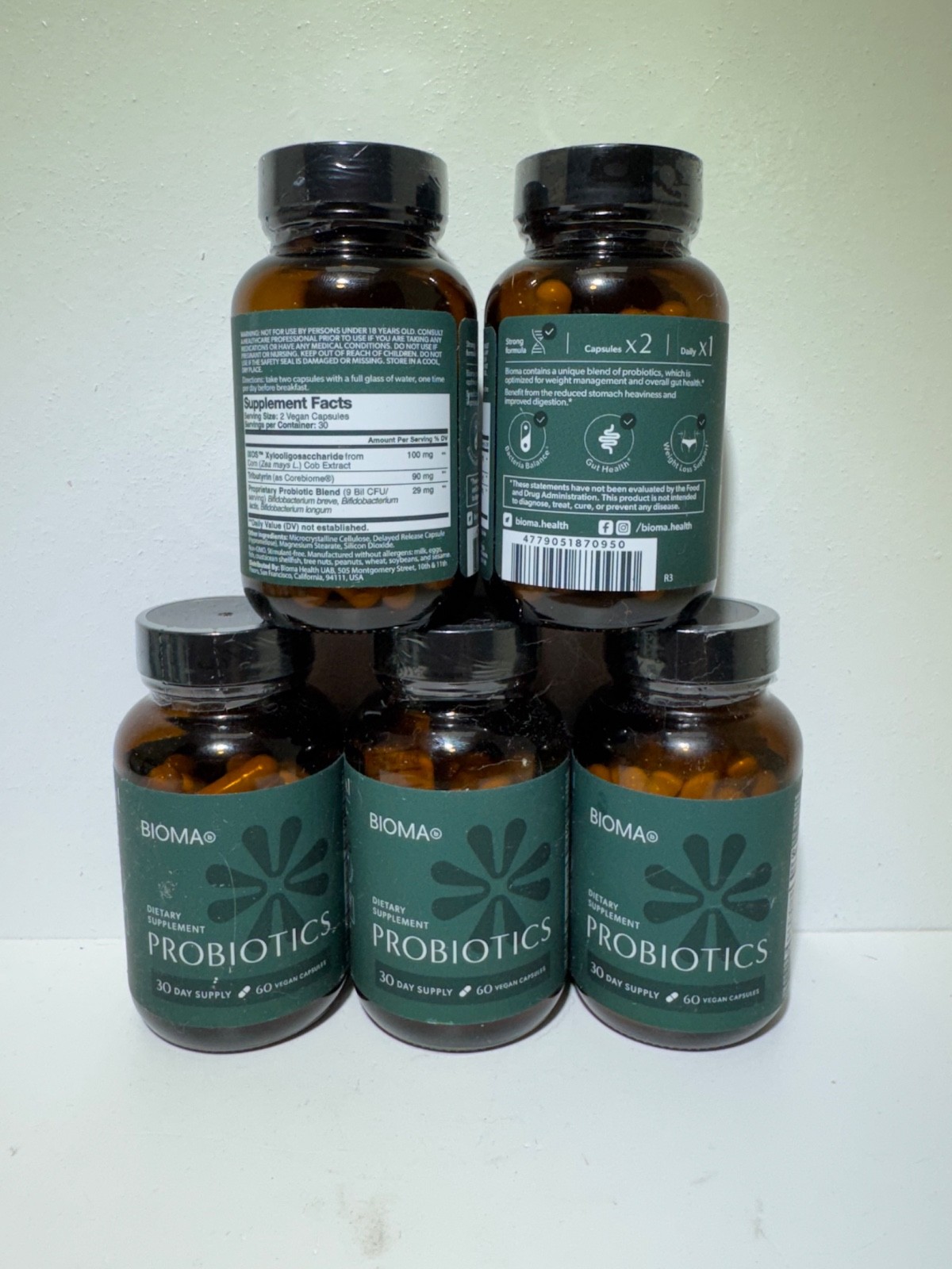 5 Bottles Bioma Probiotics Dietary Supplements Digestive Gut Health 60 Capsules
