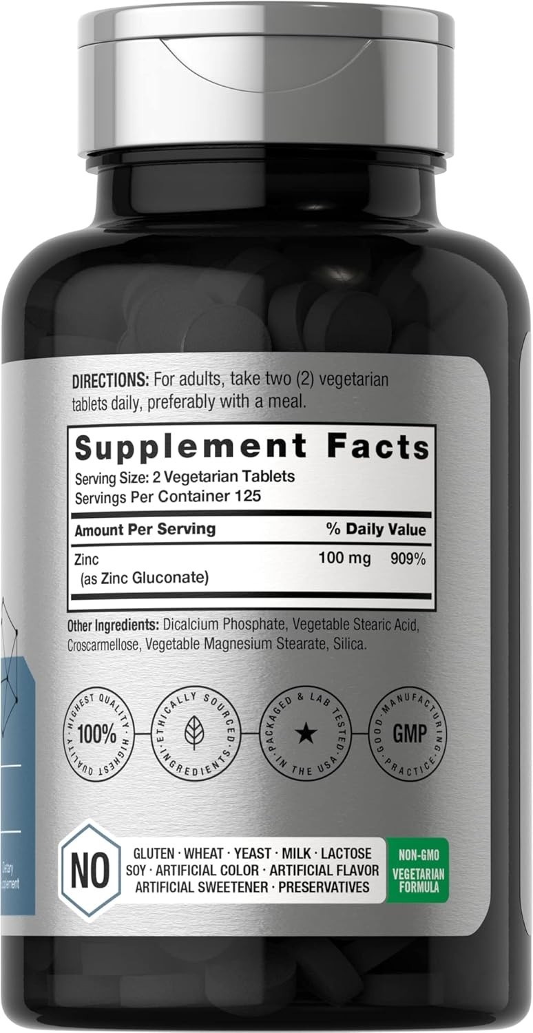 Chelated Zinc Supplement 100mg | 250 Tablets | High Potency | by Horbaach