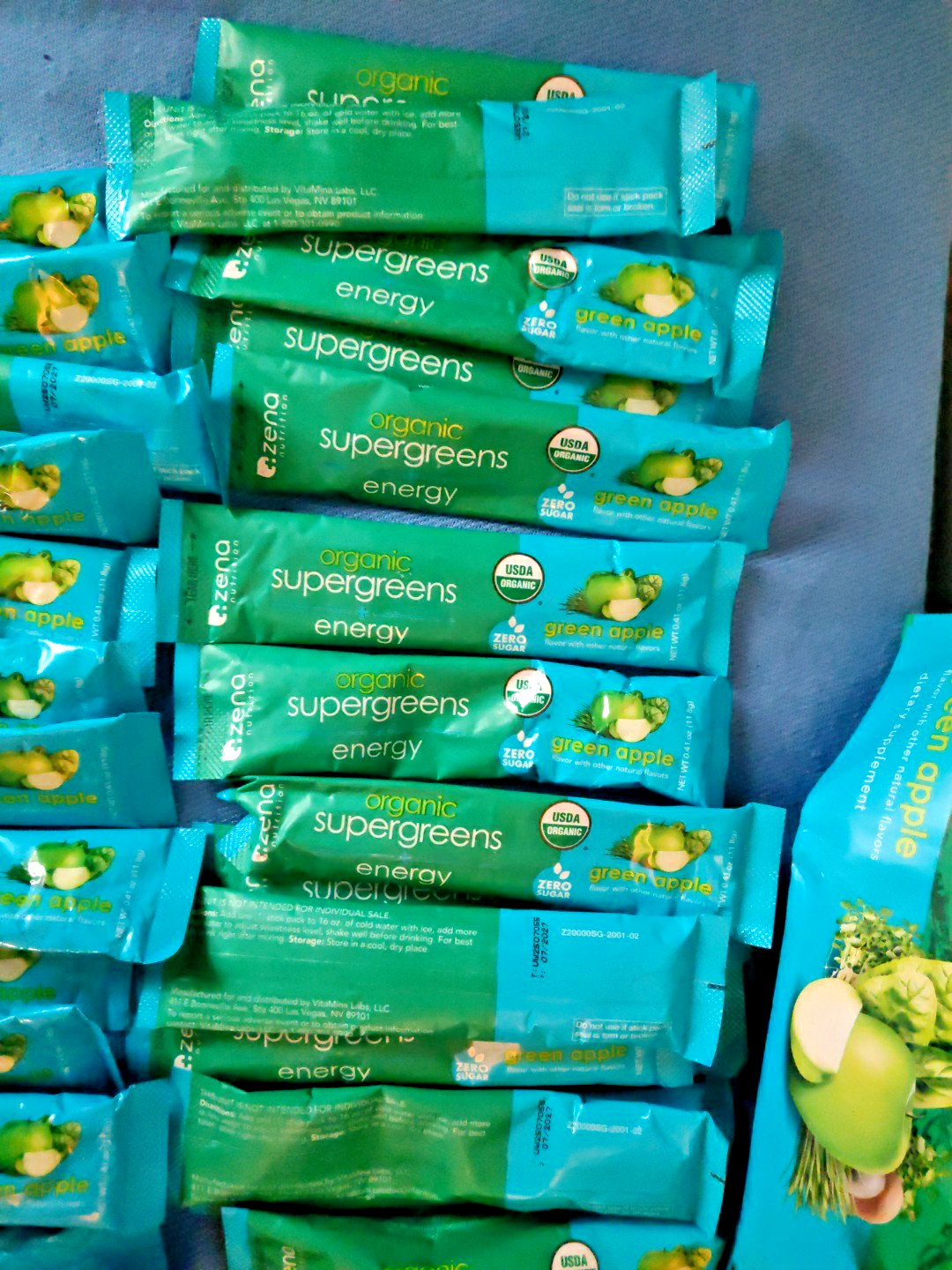 Zena Organic Supergreens Plus Energy Apple 45 Stick Exp: 7/2027 – Open Bag