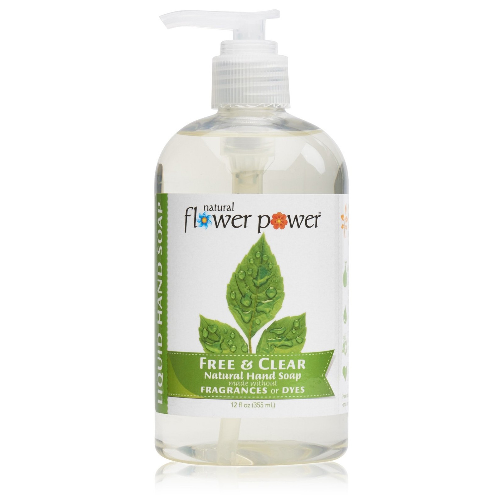 Natural Flower Power Liquid Hand Soap, Free and Clear, Unscented, 12 oz.
