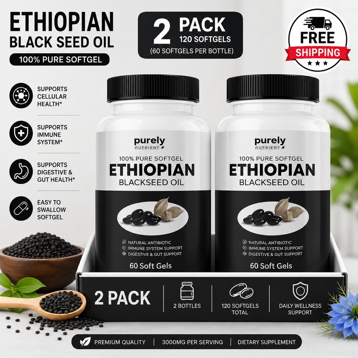 Ethiopian Black Seed Oil Softgels 100% Pure Natural (Pack of 2)