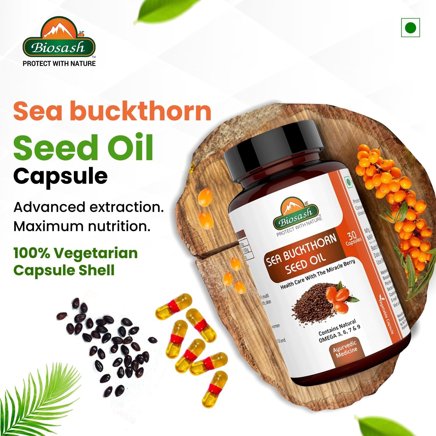 Biosash Sea Buckthorn Seed Oil 30 Capsules Omega 3 6 7 9 Herbal Supplement