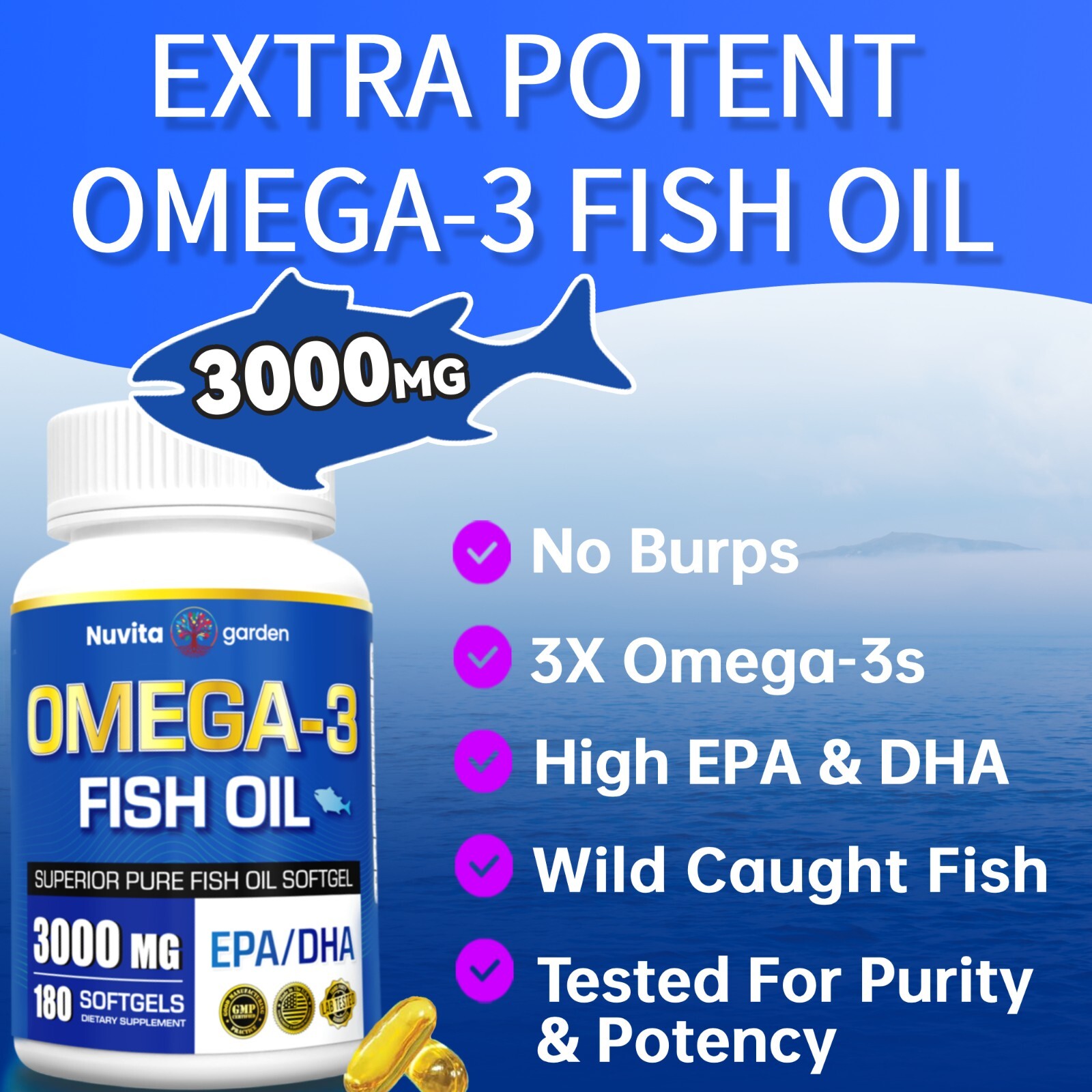 2 Pack 3000mg Omega 3 Fish Oil Supplement w/EPA & DHA,360 Softgels