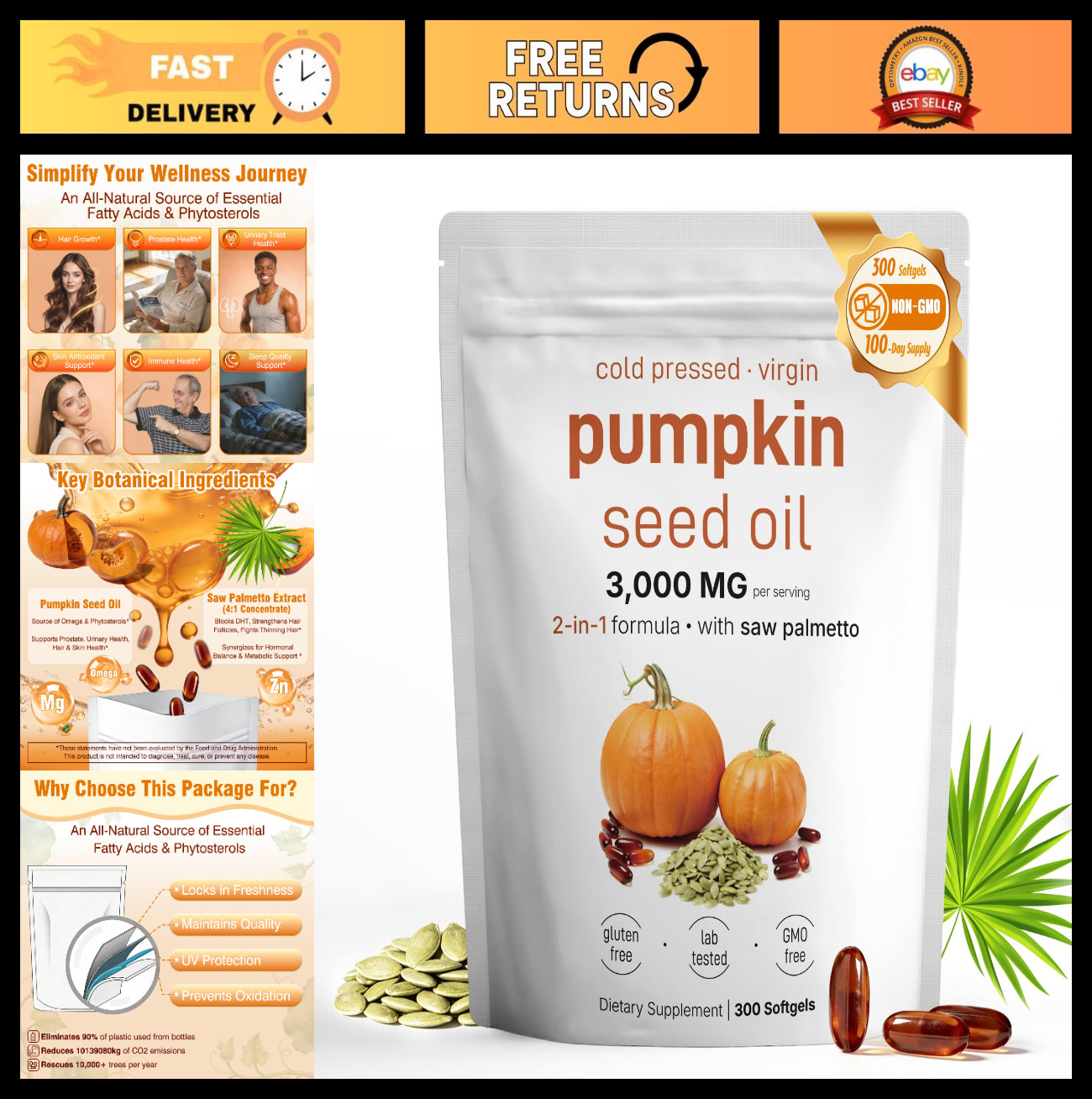 Pumpkin Seed Oil & Saw Palmetto Softgels – Cold Pressed Omega 6 & 9, Hair & Pros