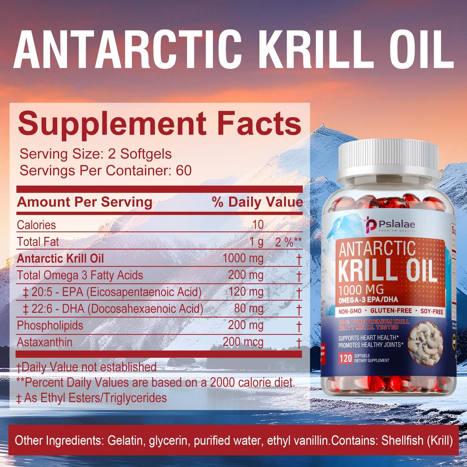Antarctic Krill Oil 1000mg -with Omega-3 EPA, DHA, Astaxanthin and Phospholipids