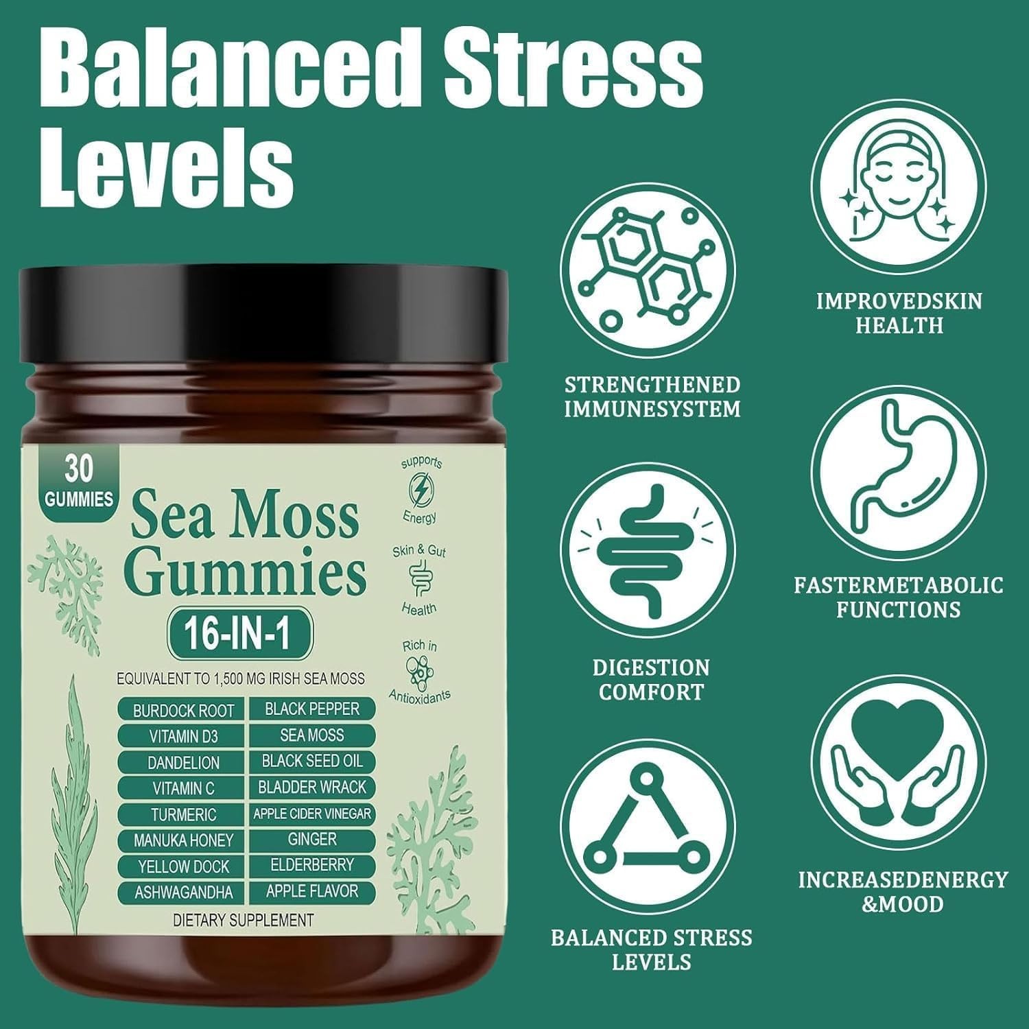 Sea Moss Gummies 16-in-1, Sea Moss mix with Black Seed Oil-Green Apple Flavor