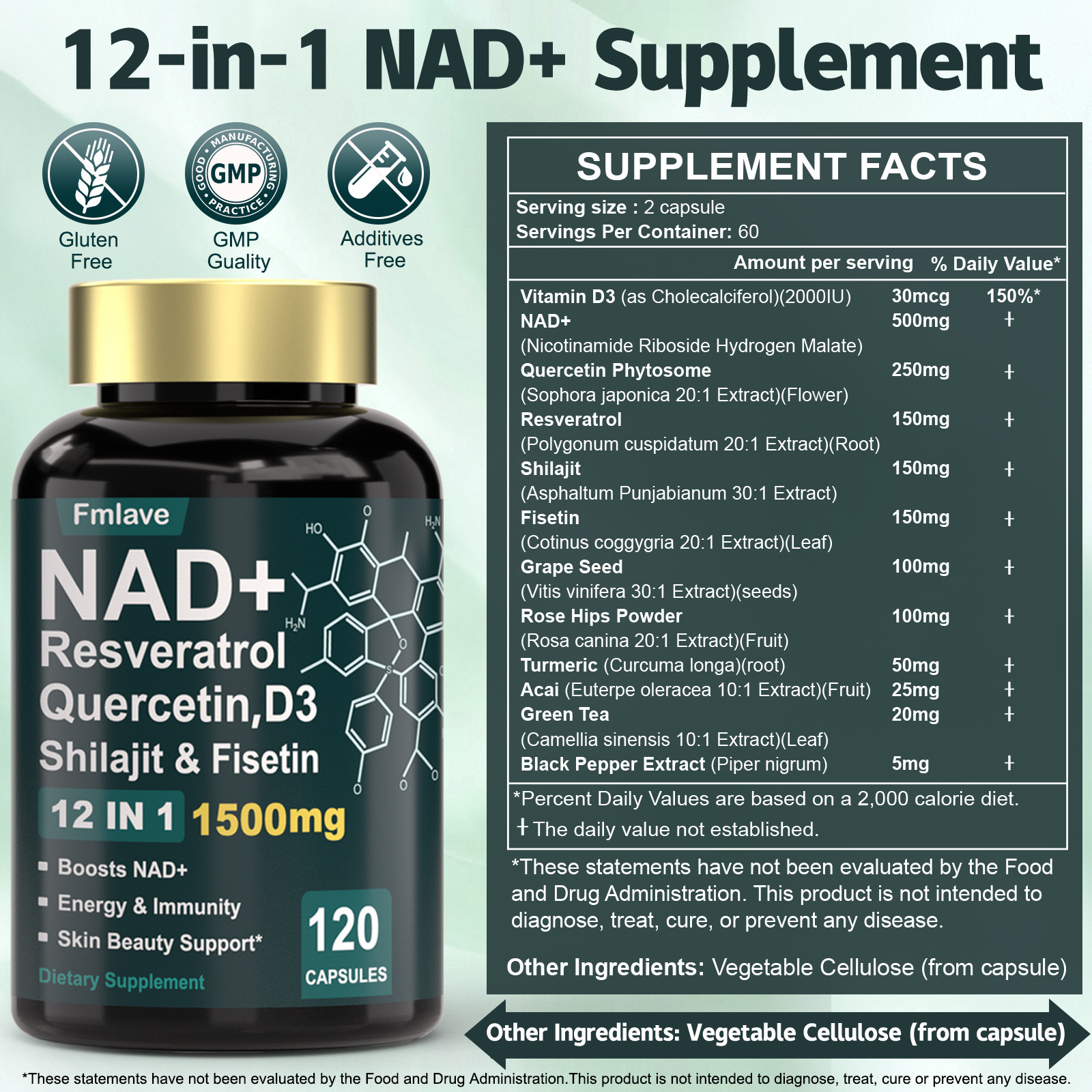 NAD supplement, 1500mg resveratrol containing supplement, 120 capsules USA Ship