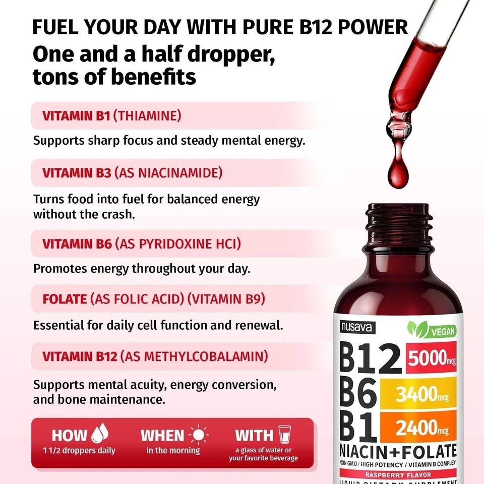 NUSAVA Vitamin B12 Drops – 3 Pack – 5000mcg – Raspberry – 80 Servings