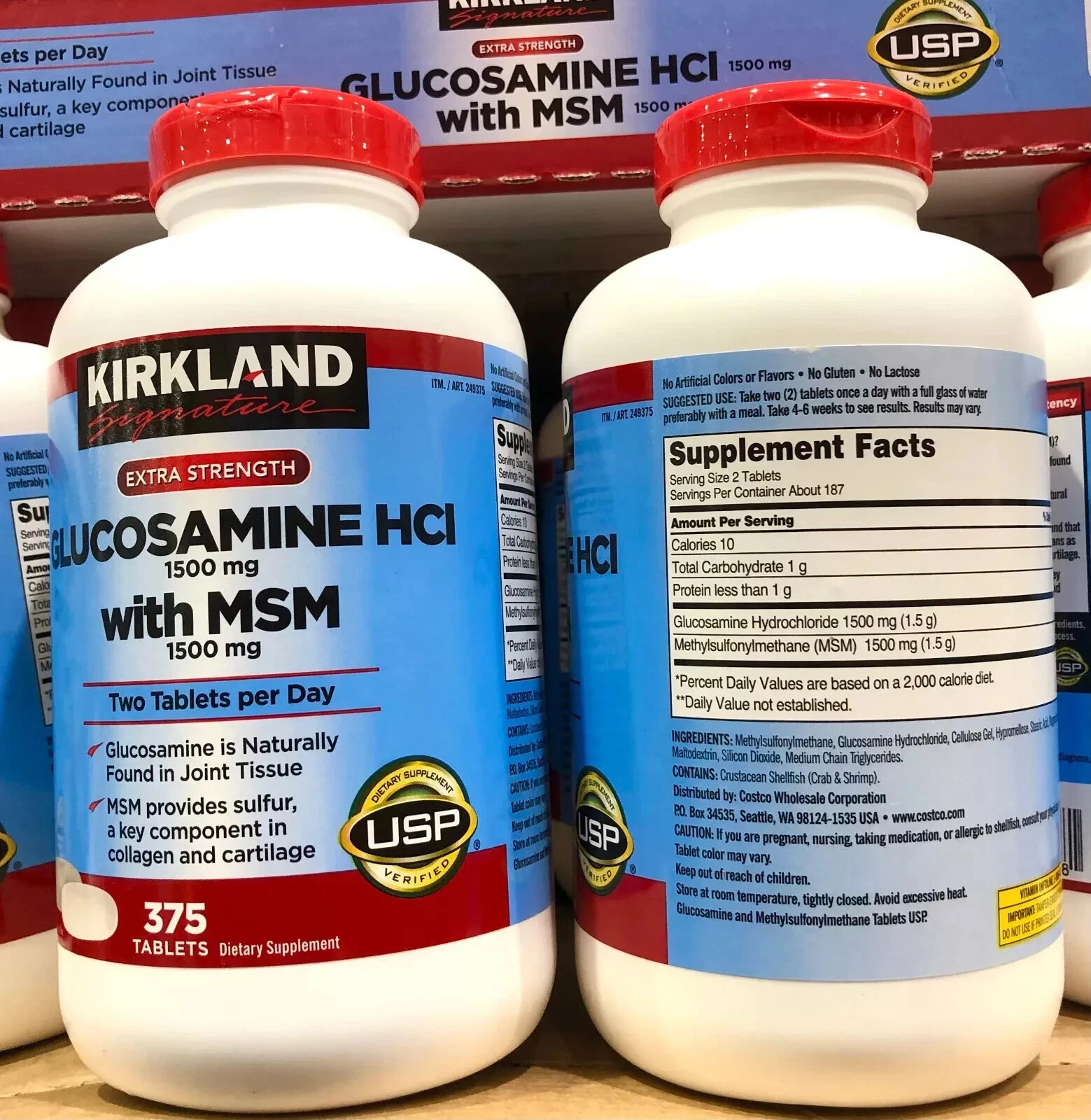 Kirkland Signature Glucosamine HCI 1500mg with MSM 1500mg 375 Tablets (1 Bottle)