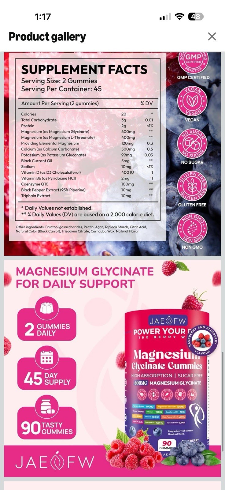 JAEFW Magnesium Glycinate Gummies 600mg Sugar-Free Vegan Blueberry Raspberry 90