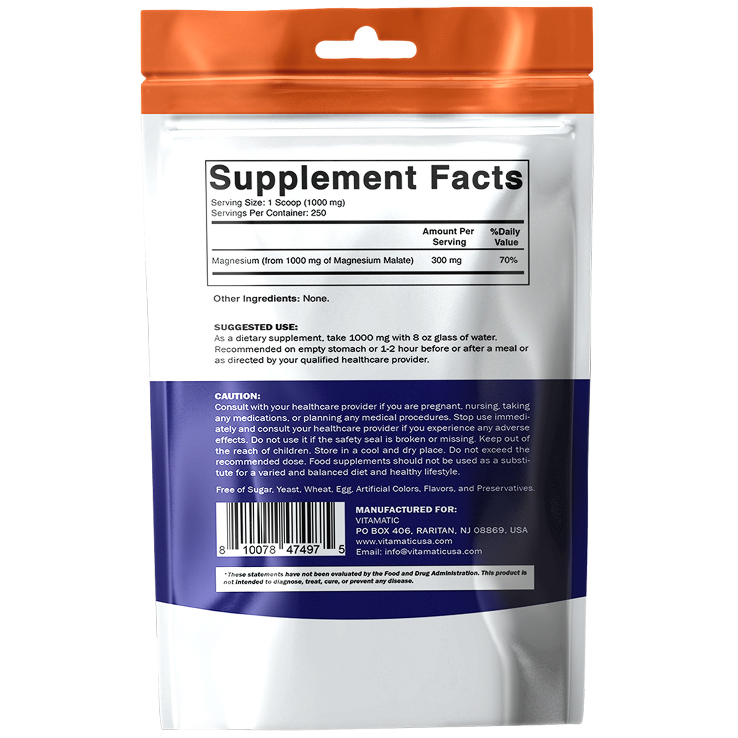 Vitamatic Magnesium Malate 1000mg per Serving – 250 Grams – 250 Servings