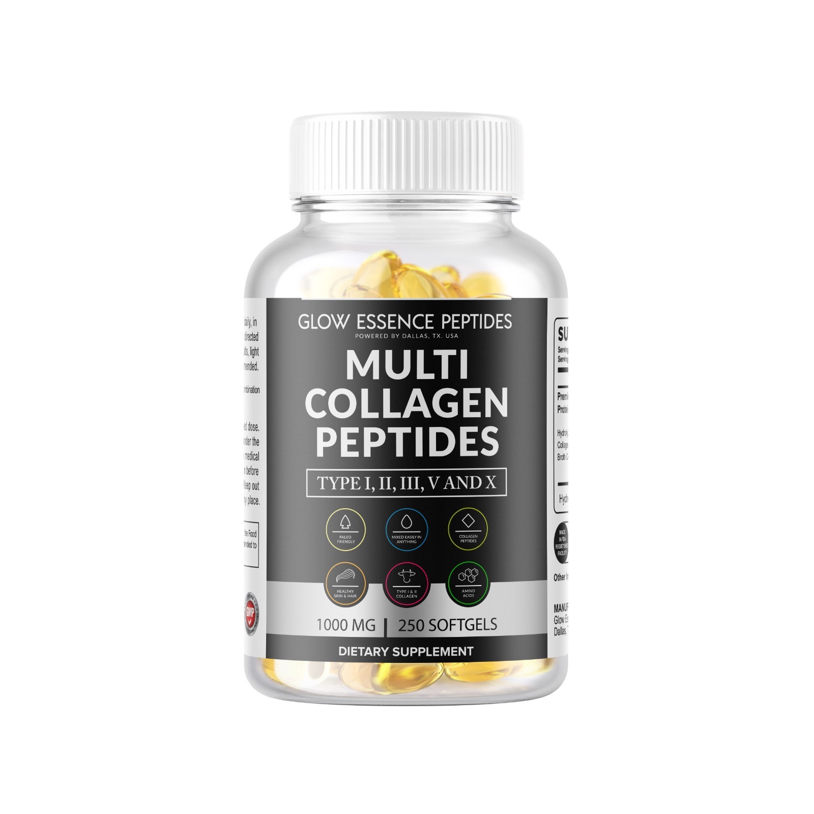 Collagen Peptides pills 1000mg Hydrolyzed Collagen i, ii,iii,V,X 250 Softgels