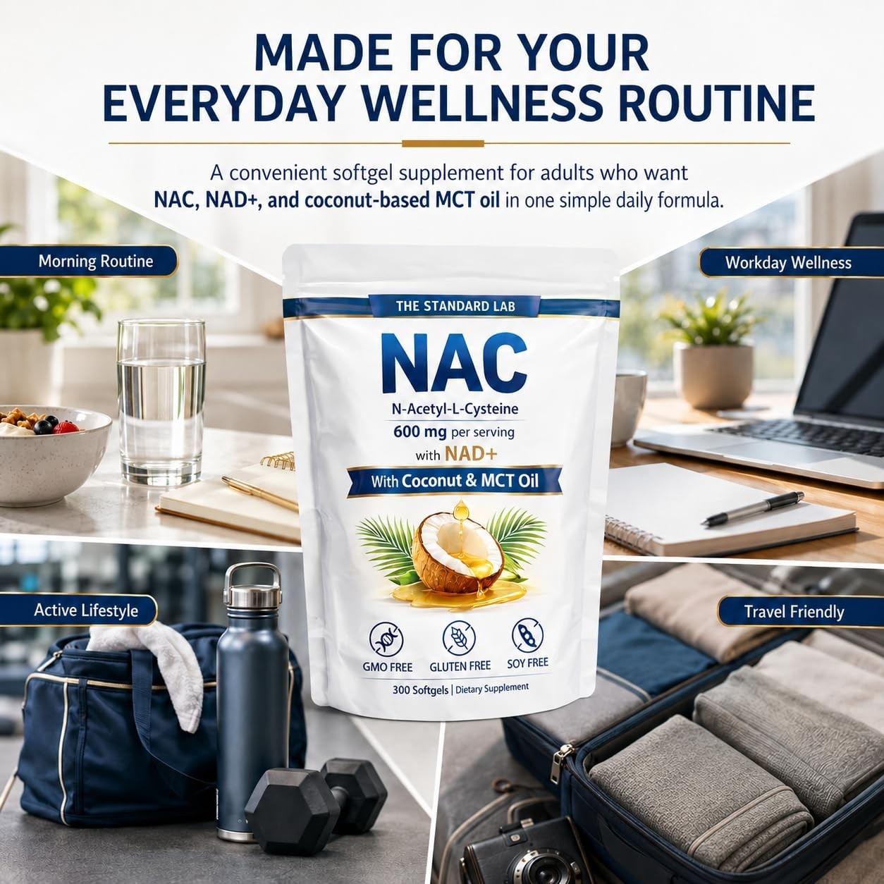 NAC 600mg with NAD+ Daily Complex, 300 Softgels – GMO Free, Gluten Free, Soy Fre