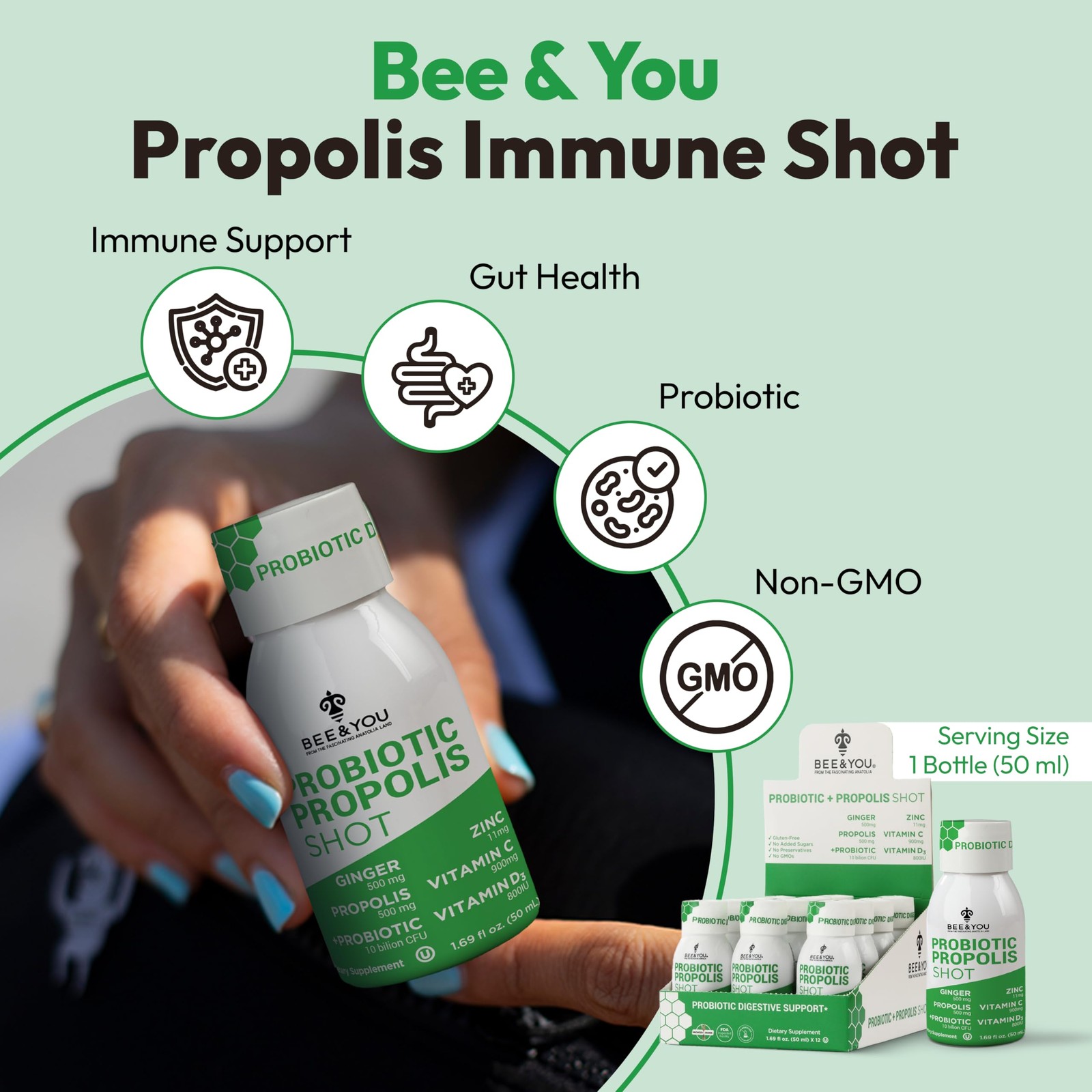 Bee and You Propolis Immune Shot, Probiotic, Vitamin 0.14 Fl Oz (Pack of 12)