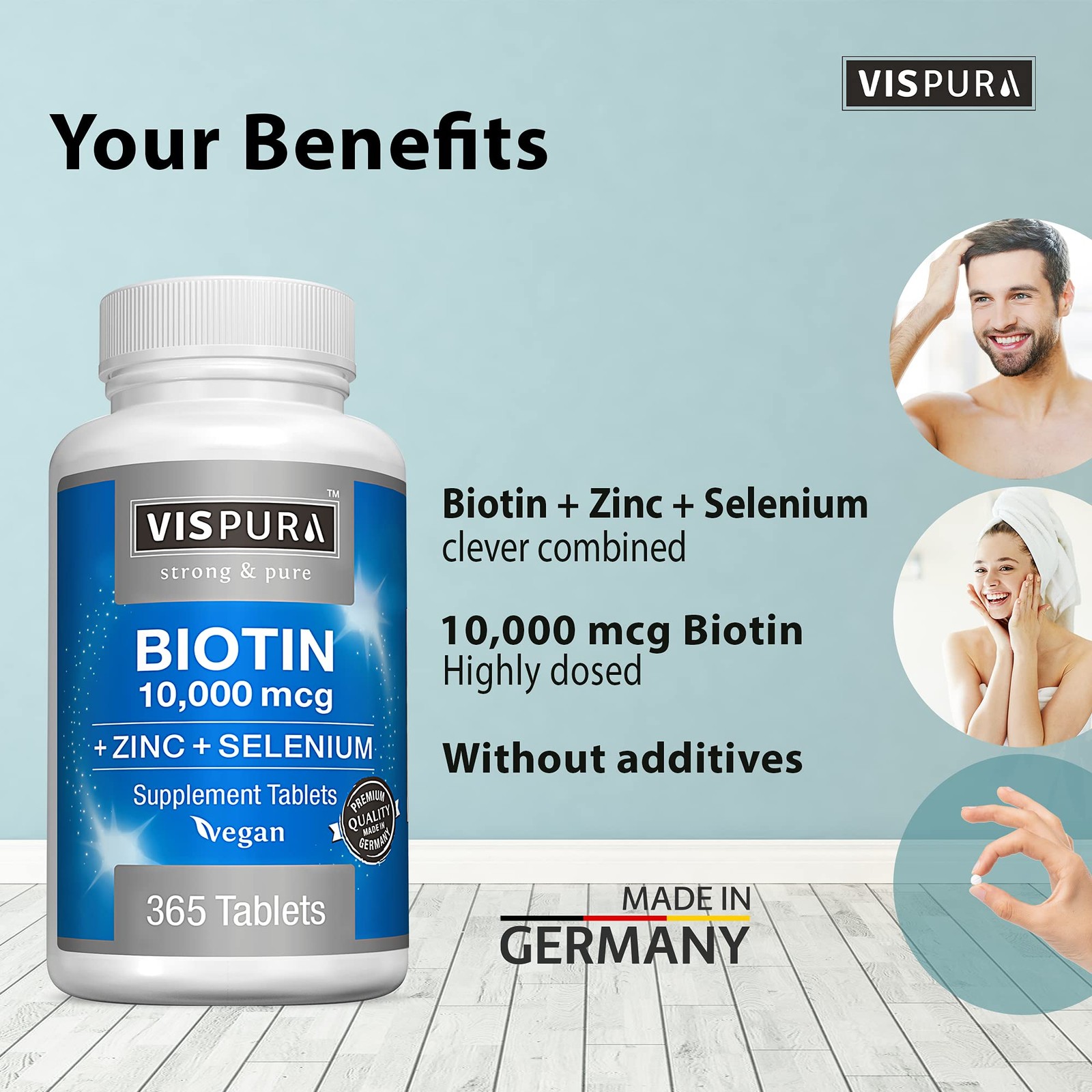 Biotin 10000 mcg + Zinc + Selenium, Pure, Vegan & Extra 365 Count (Pack of 1)