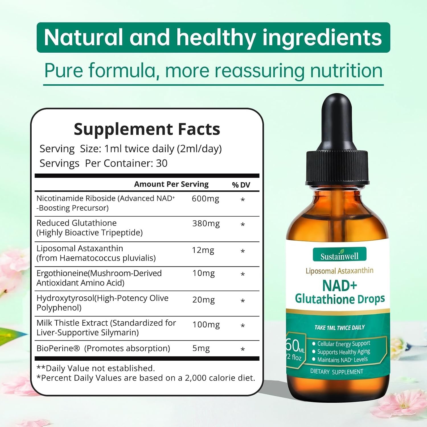 NAD+ Glutathione Liquid Drops with Astaxanthin – Citrus Flavor, 2.04 Fl Oz