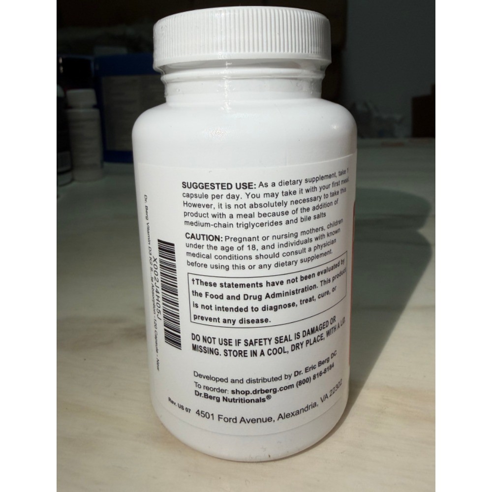 Dr. Berg’s Nutritionals 100mg Vitamin D3 & K2 Supplement Support,120 Capsules