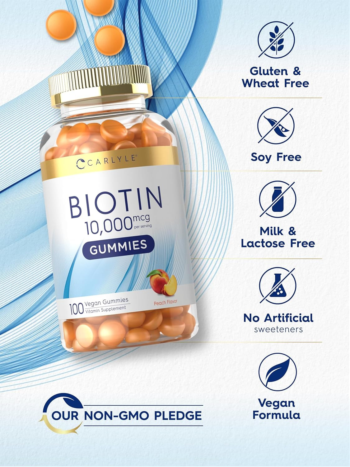 Biotin 10000Mcg Gummies | 100 Count | Peach Flavor Supplement | Vegan, Non-Gm…