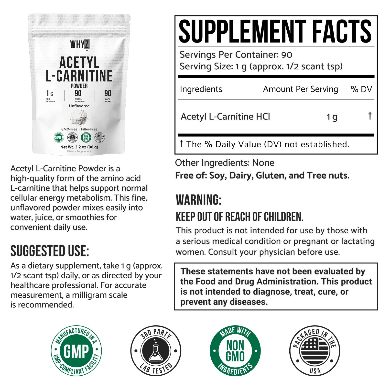 Whyz Pure Acetyl L-Carnitine Powder with Smooth Texture for Easy Mixing, 3.2 oz