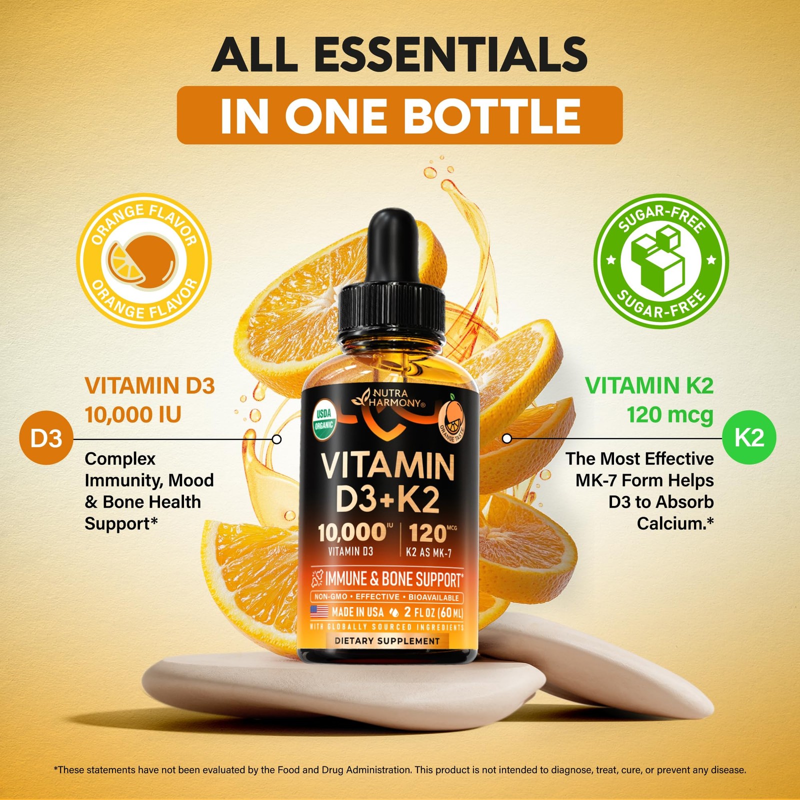 Vitamin D3 K2 Organic Drops Bone Teeth Immune Mood Support Gotas Vitamina D3