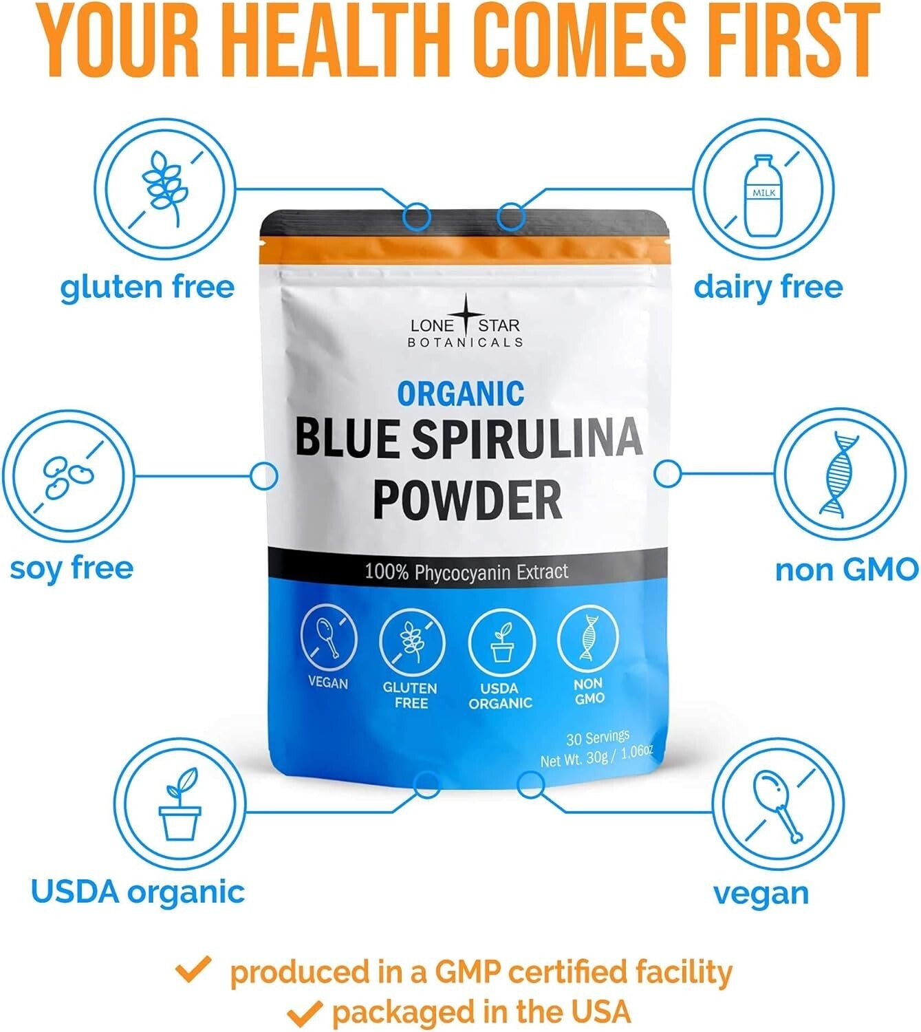 Lone Star Botanicals – Organic Blue Spirulina Powder 1.06oz, 100% Pure
