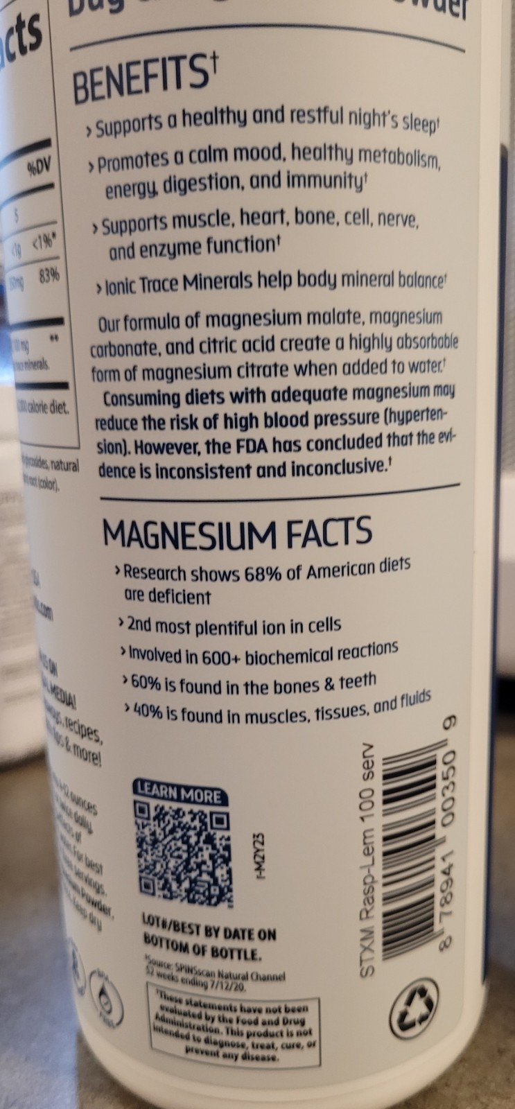 Trace Minerals Magnesium Powder 350 mg Raspberry Lemon BB 10/2025